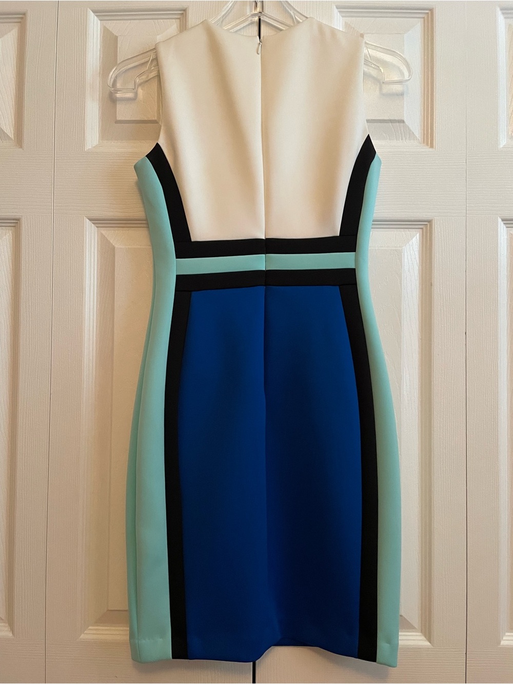 Calvin Klein Sleeveless Colorblock Sheath Dress - White, Blue & Teal - Petite 2P - Picture 4 of 7